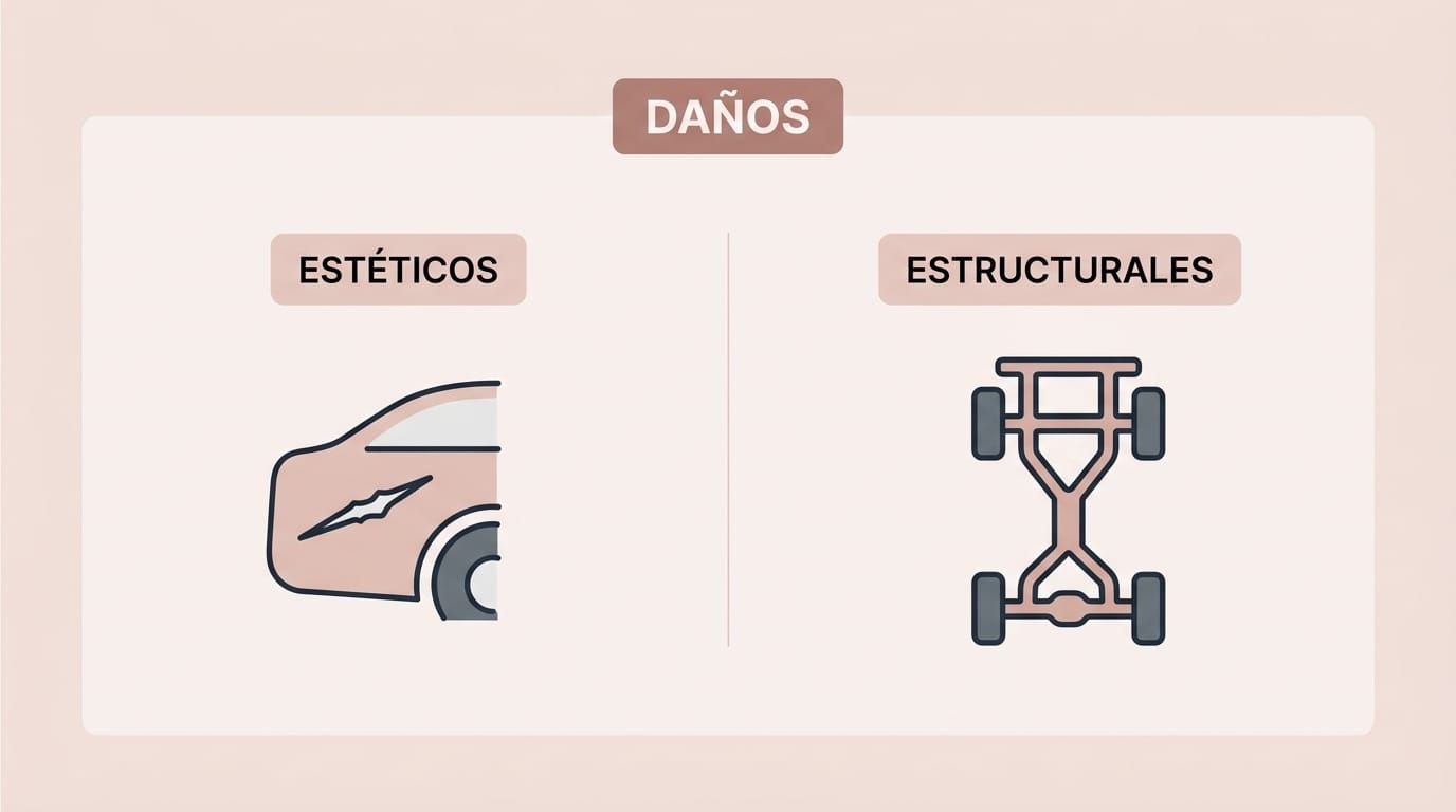 Esquema visual diferenciando entre daños estéticos y estructurales en un automóvil.